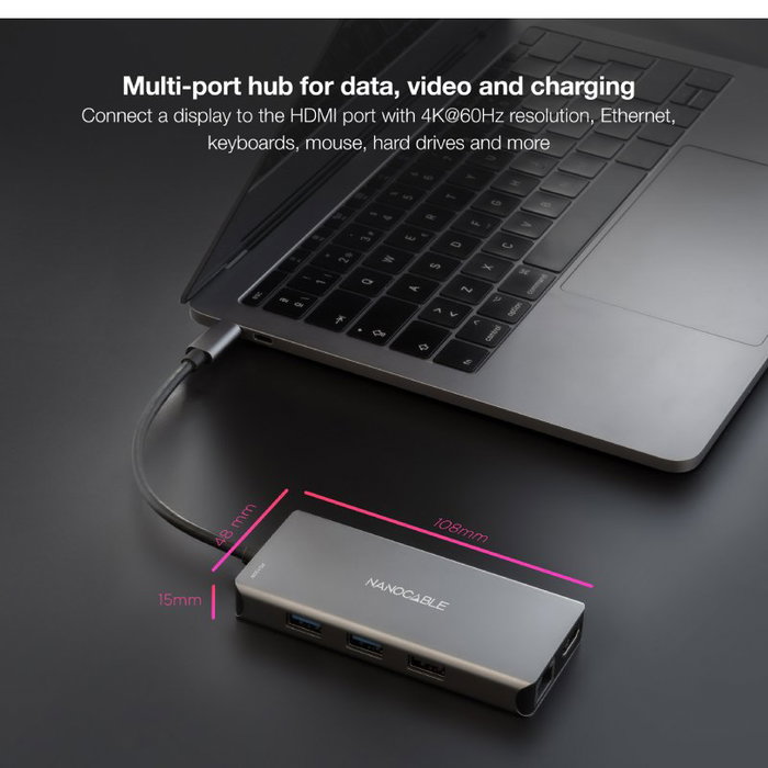 Nanocable Hub USB-C 9 en 1 con 3xUSB-A, 2xHDMI, RJ45 y PD 100W Gris